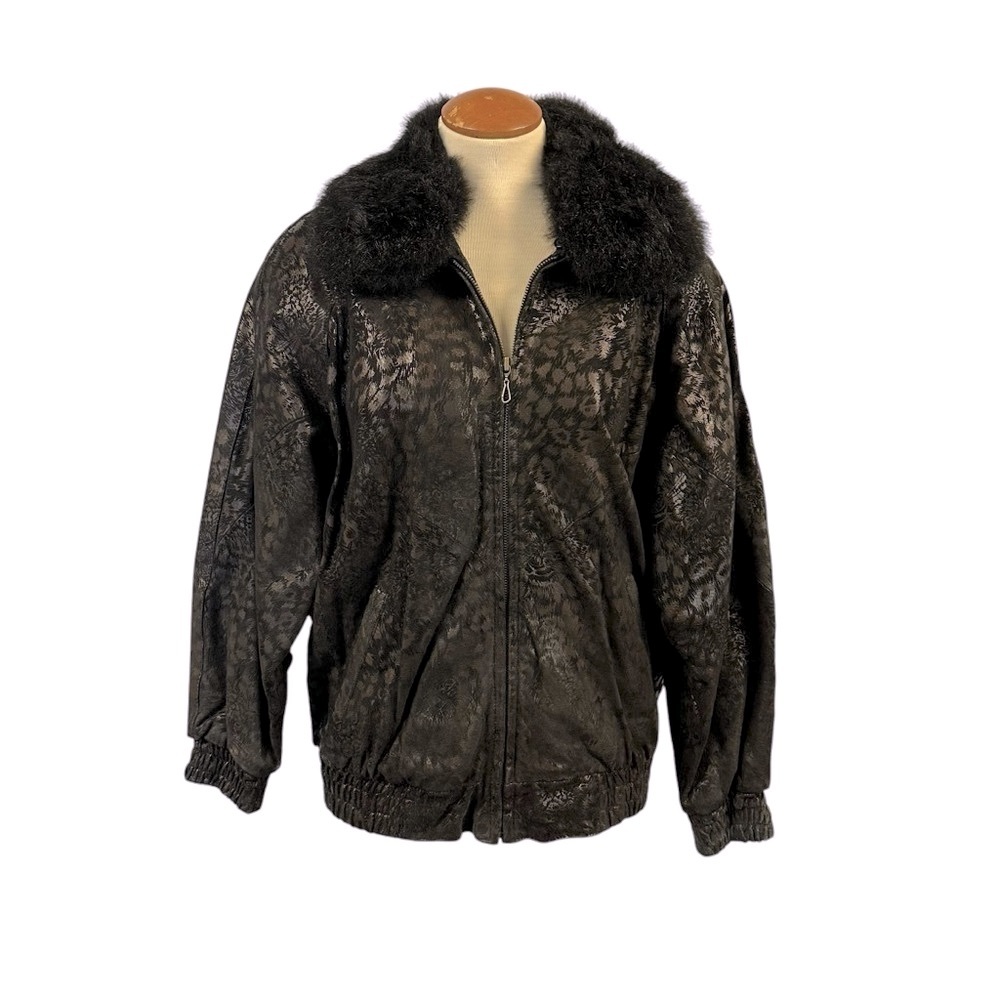 Vintage Pelle Black Leather Jacket Fur Collar Metallic Leopard Print Y2K 90s 80s